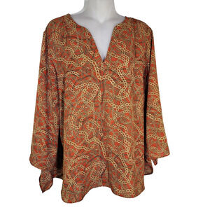 Michael Kors Top Women Size XL Orange Gold Chain Link Logo 3/4 Tie Sleeve V Neck